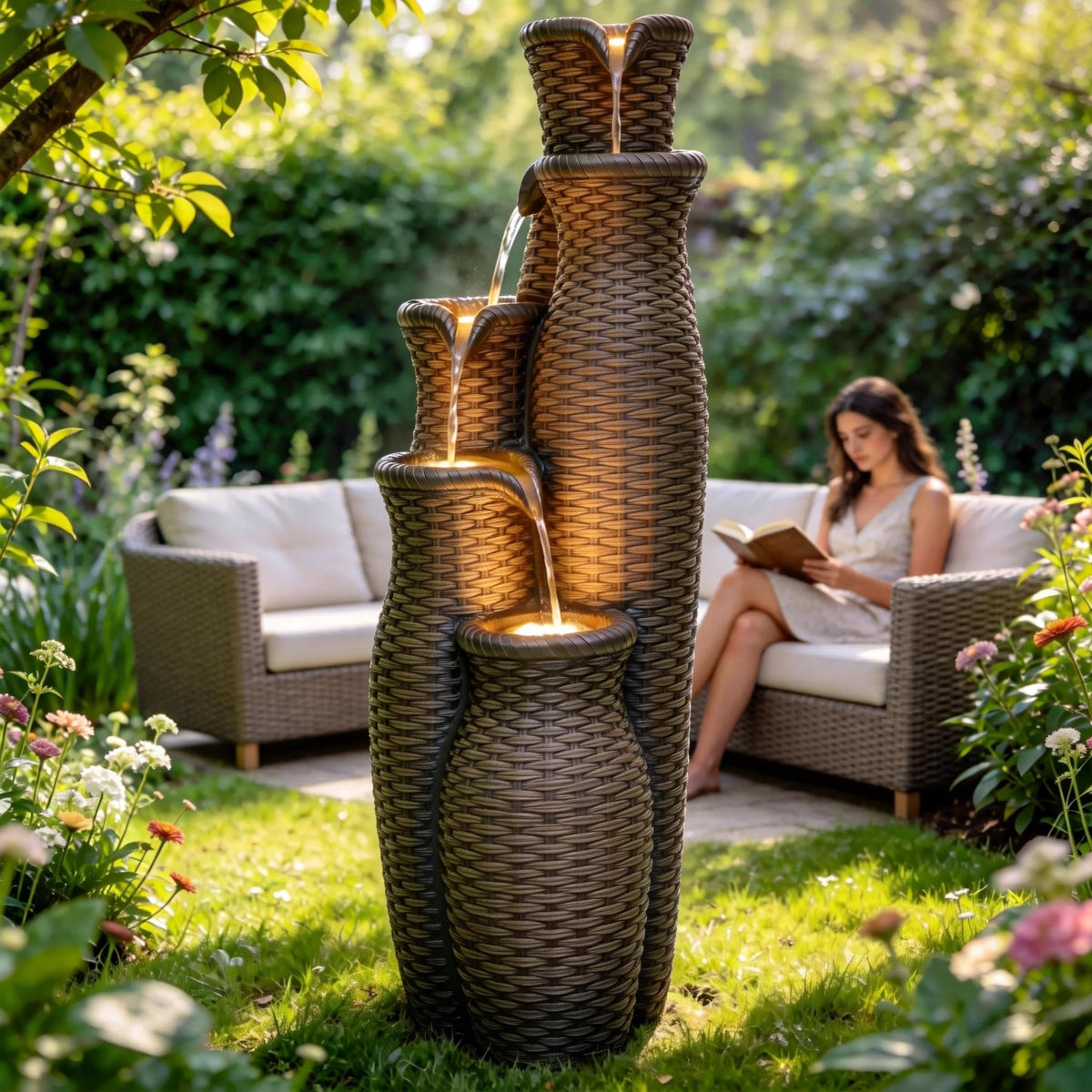AUTODAYA 5 Tier Faux Rattan Vase Water Fountain Outdoor with LED Lights (33"h Espresso Brown Faux Rattan)