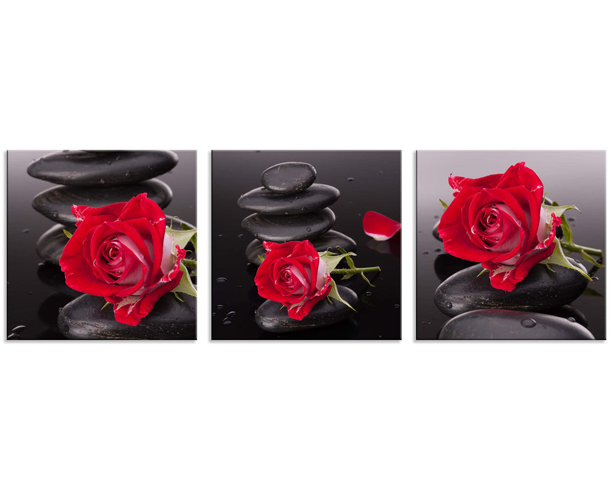 Red Canvas Wall Art Bedroom Wall Decor Black and White Zen Stones Spa Wall Art Rose Pictures for Living Room Kitchen Home Decorations Red Bathroom Accessories Flower Paintings Room Artwork (20 x 20 inches (3-Piece Set) / Rose & Zen Stone)