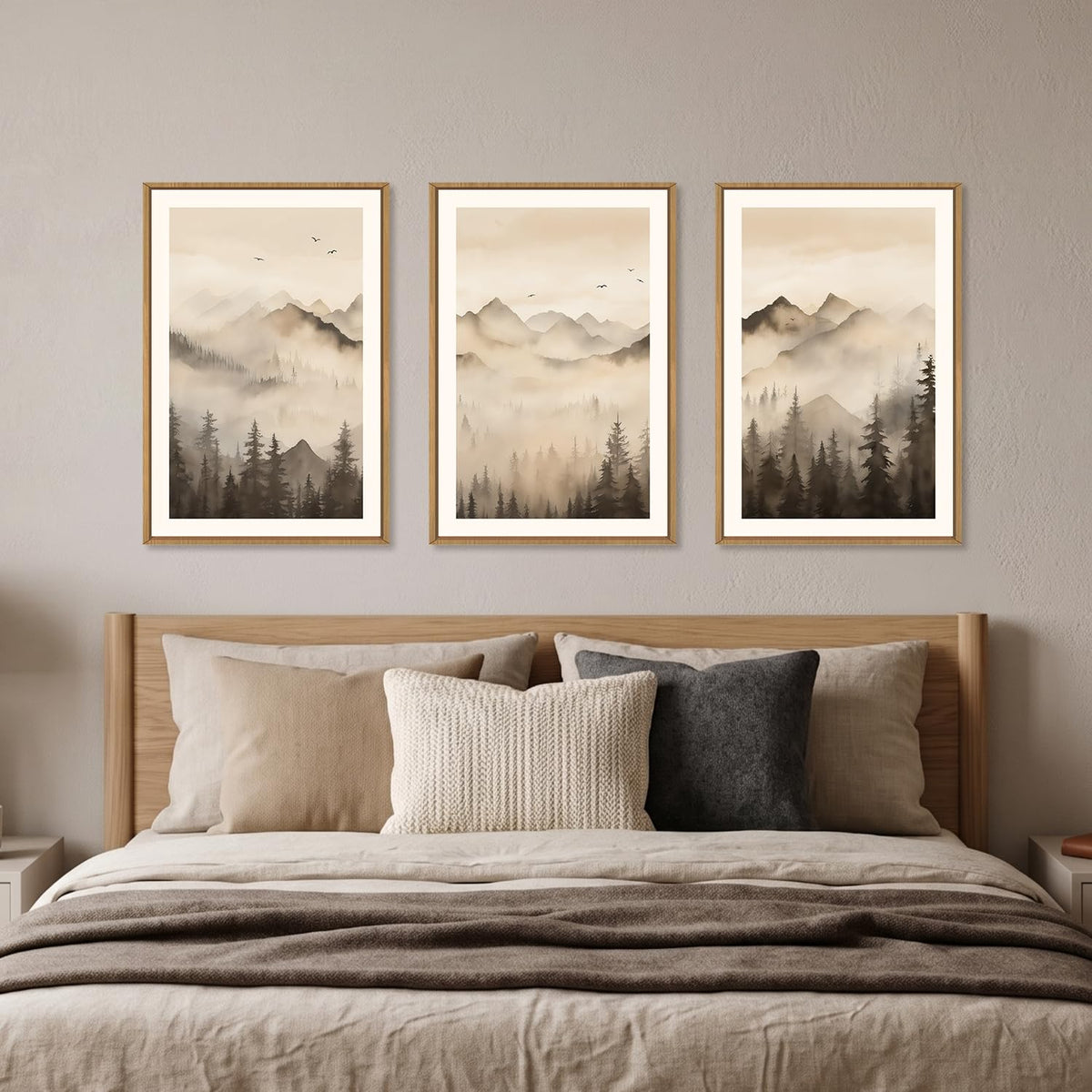 Neutral Misty Mountain Forest Framed Canvas Wall Art (Misty Forest Wall Art / 16"L x 24"W)