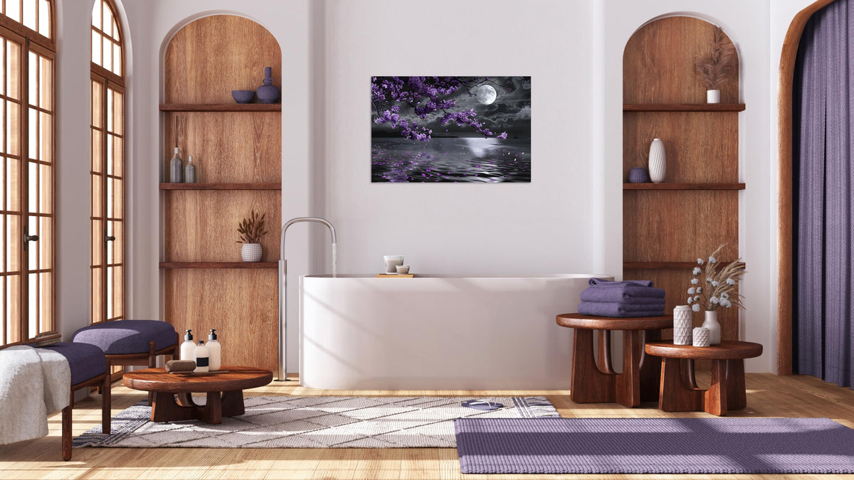 1 Pcs Purple Bedroom Pictures Wall Decor Purple Canvas Art Black and White Sea Night Full Moon Purple Flower Print on Canvas Purple Wall Picture for Room Decor Stretched and Framed 12x18 inch (18"L x 12"W / Purple Flower 10)