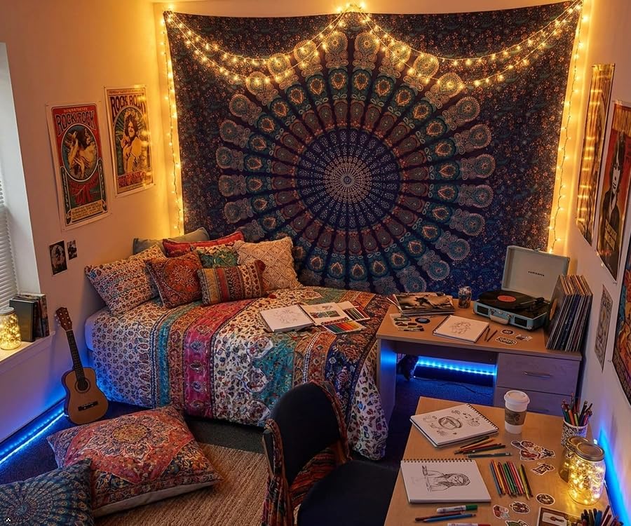 Queen Tapestry Wall Hanging Hippie Mandala Bohemian Hippy Meditation Psychedelic Design Indian Peacock Meditation Gypsy Tapestries Bedspread Turquoise (90"L x 84"W / Turquoise)