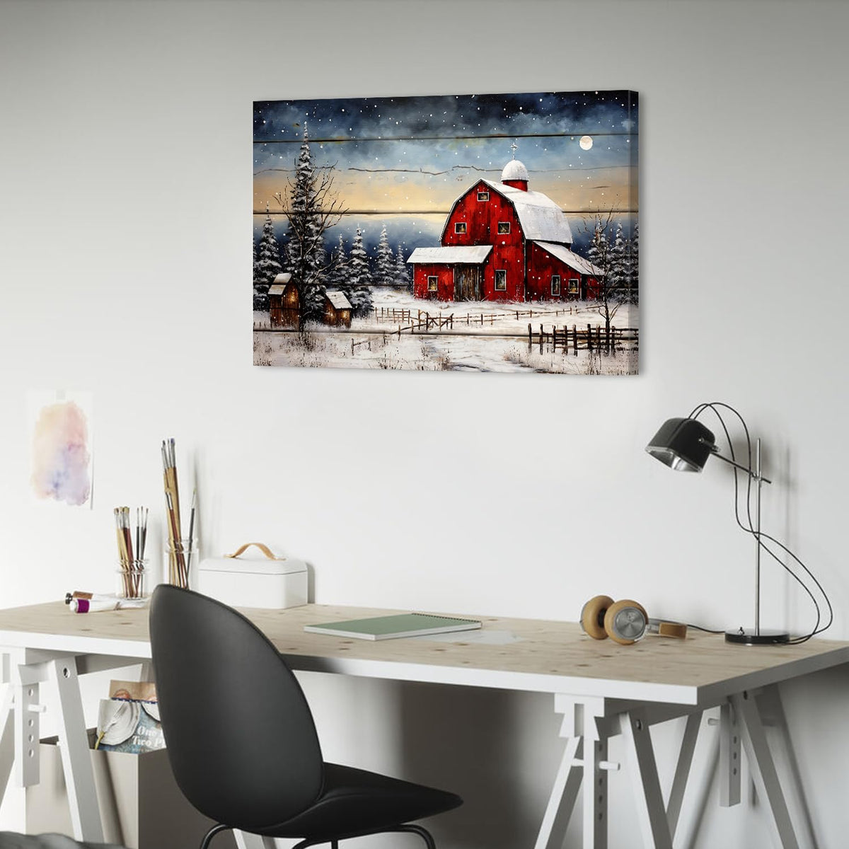 Red Barn Wall Art Snowy Winter Landscape Wall Art Christmas Home Decoration Rustic Farmhouse Prints Artwork Xmas Trees Painting Vintage Poster Artwork for Living Room Kitchen Ready To Hang 20x30” (30"L x 20"W / Christmas Barn)