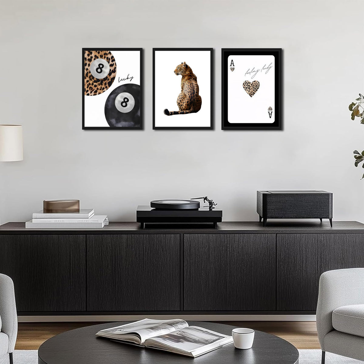 Framed Trendy Leopard Wall Art Set of 3 (Black and White Leopard / 16"L x 12"W)