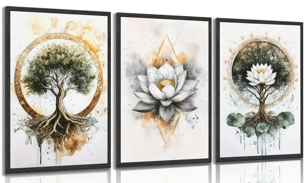 3PCS Zen Tree of Life Canvas Meditation Lotus Wall Art Unframed (Zen Tree of Life / 24"L x 16"W-Unframed)