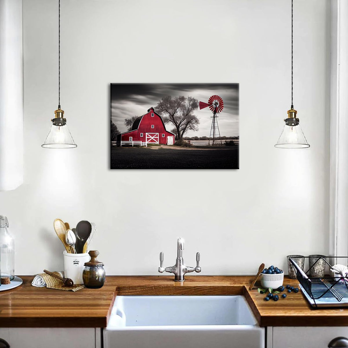 Farmhouse Barn Wall Art Red Barn Windmill Canvas Print Rustic Country Landscape Black White Vintage Farmhouse Artwork for Living Room Bedroom Kitchen Dining Room Office Home Decor 12x16 Inch (16"L x 12"W / Red Bran)
