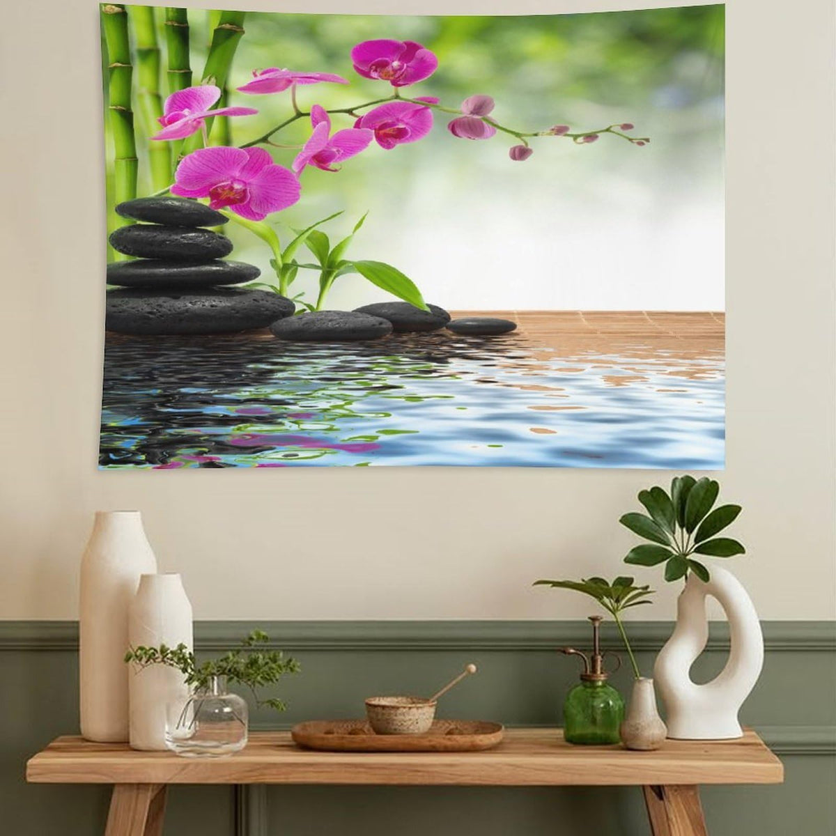 Spa Tapestry Wall Hanging Orchid Flowers Pebble Stones and Bamboo on Water Image Tapestries Home Decor for Living Room Bedroom Farmhouse Kitchen Dorm 40"x60" (40"L x 60"W / Zen-3)