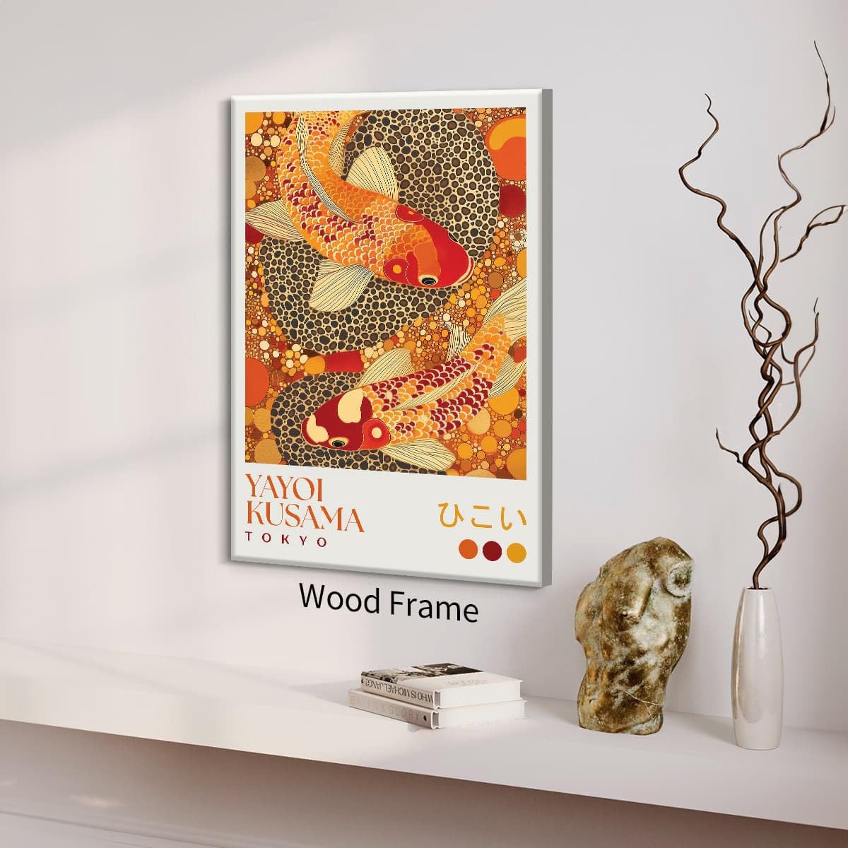 Yayoi. Kusama Framed Wall Art 16x24 inch Japanese Home Decor Vintage Koi Fish Posters Dot Picture Prints Colorful Fish Painting for Asian Bedroom Bathroom Living Room Hallway (Wrapped Canvas / Japanese Art 010 / 24"L x 16"W)