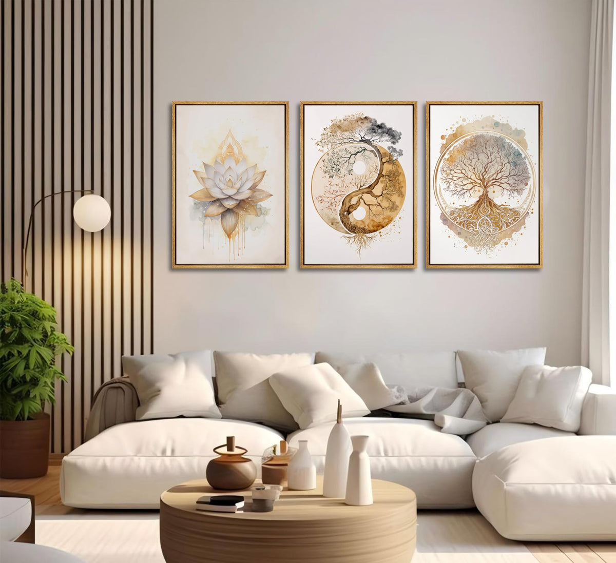 3pcs Framed Tree of Life Canvas Wall Art Gold Lotus Zen Painting Picture Wall Decor Abstract Yin Yang Poster Print Artwork for Living Room Yoga Room Hotel Bedroom Home Decoration Wood Color Framed (Wood grain frame / 36"L x 24"W)