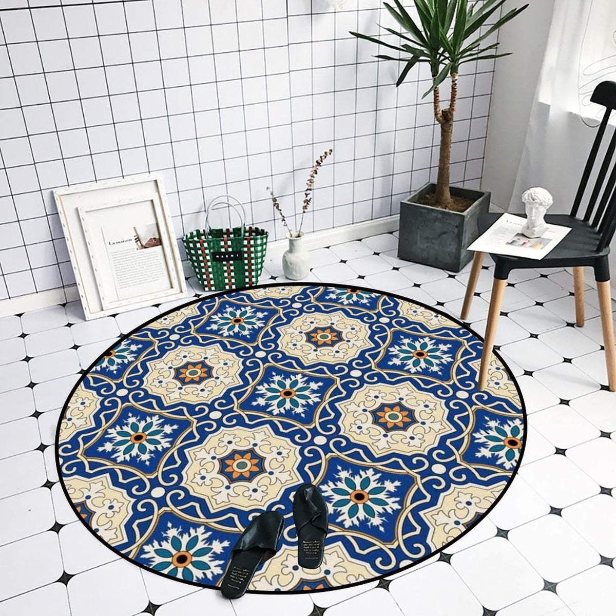 Round Area Rugs 3 FT Washable Non Slip Circle Rug (Moroccan Navy Blue Mandala / 3' (Round))
