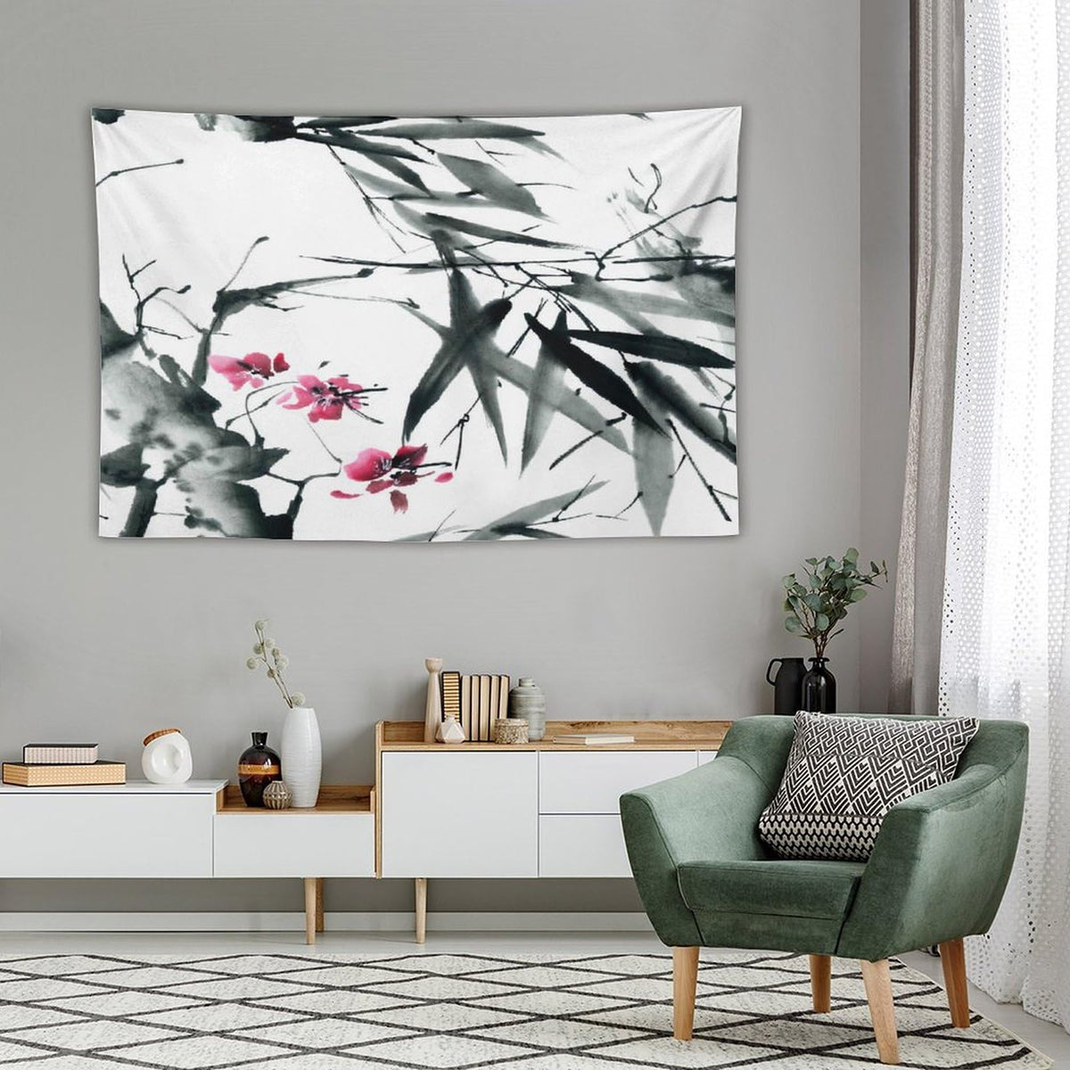 Bamboo Tapestry Wall Hanging Natural Bamboo Stems Cherry Blossom Japanese Inspired Folk Tapestries Home Decor for Living Room Bedroom Apartment Farmhouse Dorm 40"x60" (40"L x 60"W / Bamboo-10)