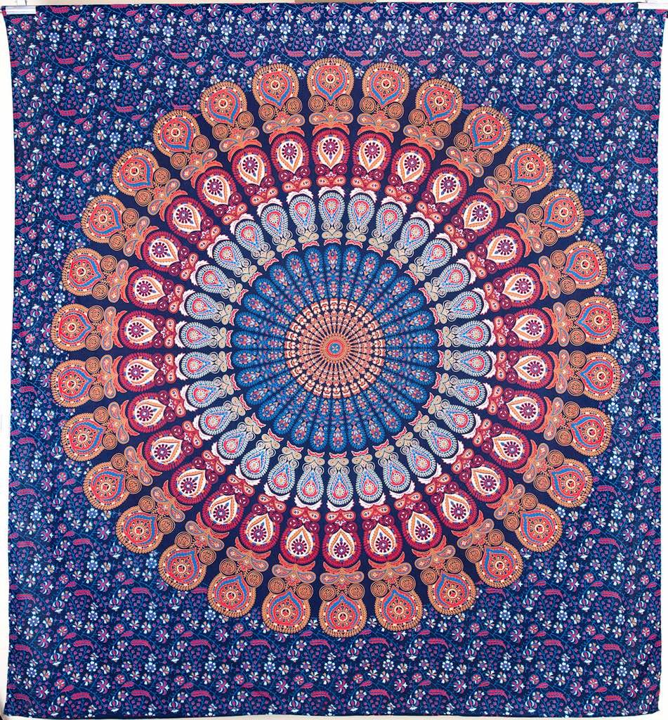Tapestry Wall Hanging Hippie Mandala Bohemian Hippy Psychedelic Design Indian Tapestries Bedspread 84 x 90 Inches (90"L x 84"W / Blue and orange)