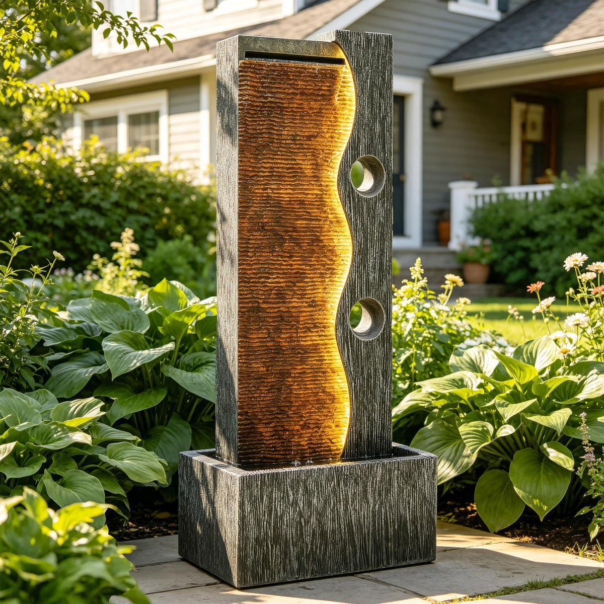 AUTODAYA 39" Modern Zen Outdoor Water Fountain LED Cascading Waterfall (Weathered Gray 39"h)