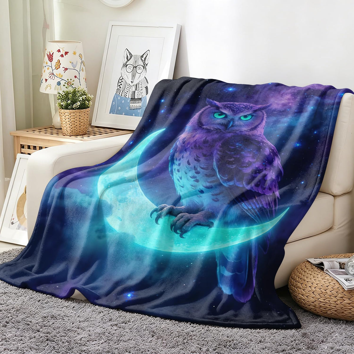 Owl Throw Blanket Fantasy Moon Starry Sky Animal Cozy Plush Flannel 30"X40" (Owl / 30"X40")