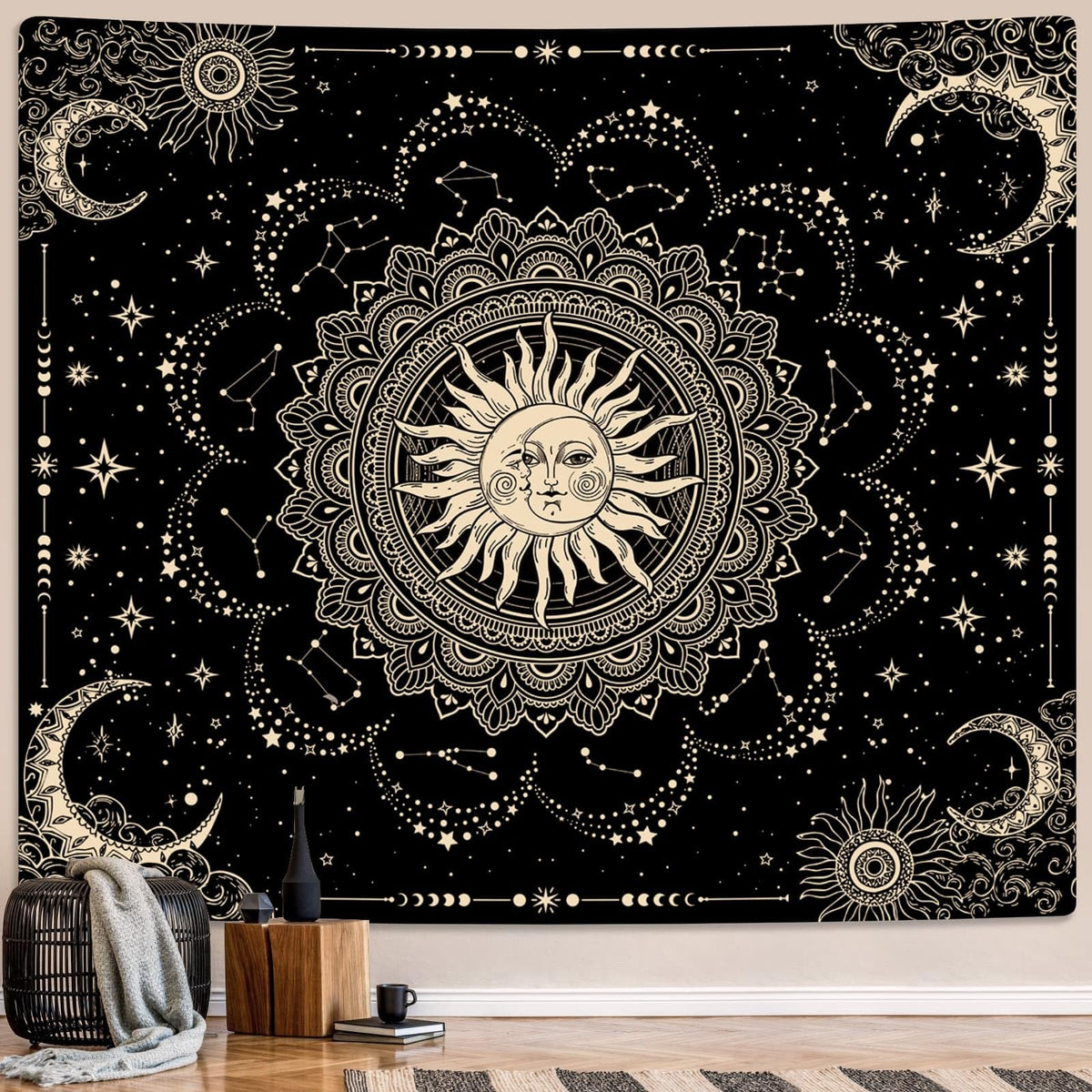 Sun and Moon Tapestry (Black Golden / 59"L x 51"W)