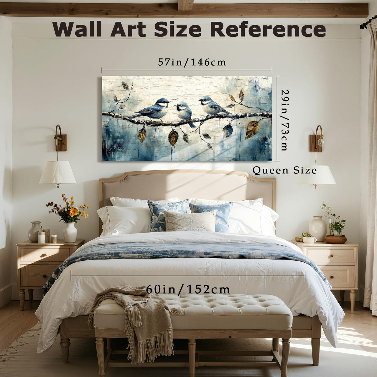 Vintage Farmhouse Extra Large Wall Art Birds on Branch Decor Blue (Hummingbird / 57"L x 29"W)