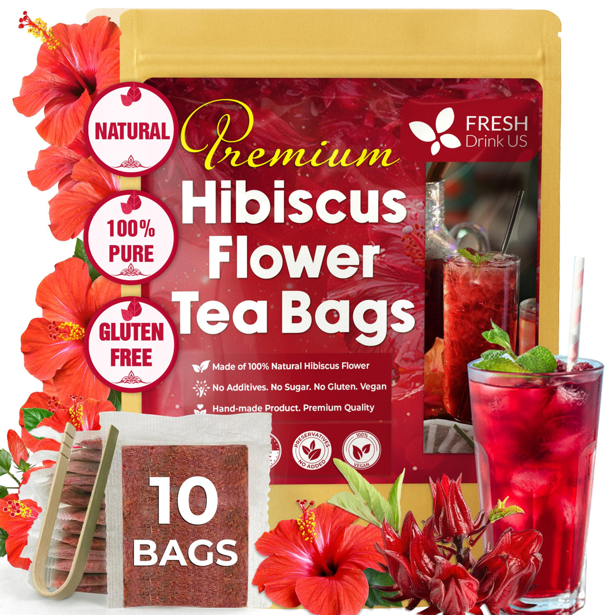 Premium 10 Hibiscus Flowers Tea Bags (10 Tea Bags)