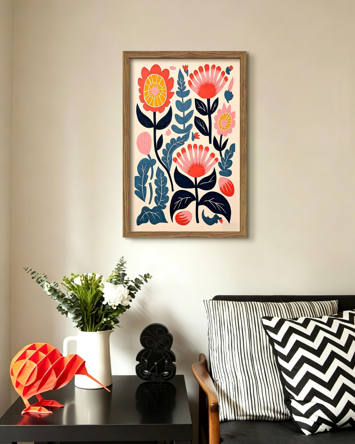 Framed Scandinavian Floral Canvas Wall Art (A-Bohemian Flower / 24"L x 16"W)