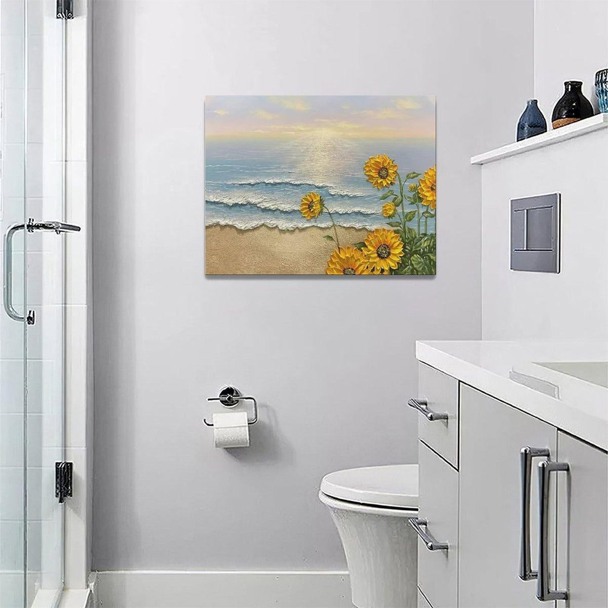Sunflower Beach Decor Wall Art Coastal Ocean Waves Pictures Sunset Seascape Canvas Painting Nature Home Modern Artwork Decorations Framed for Bathroom Living Room Bedroom Office 16 x 12 inch (16"L x 12"W / Sunflower Beach)
