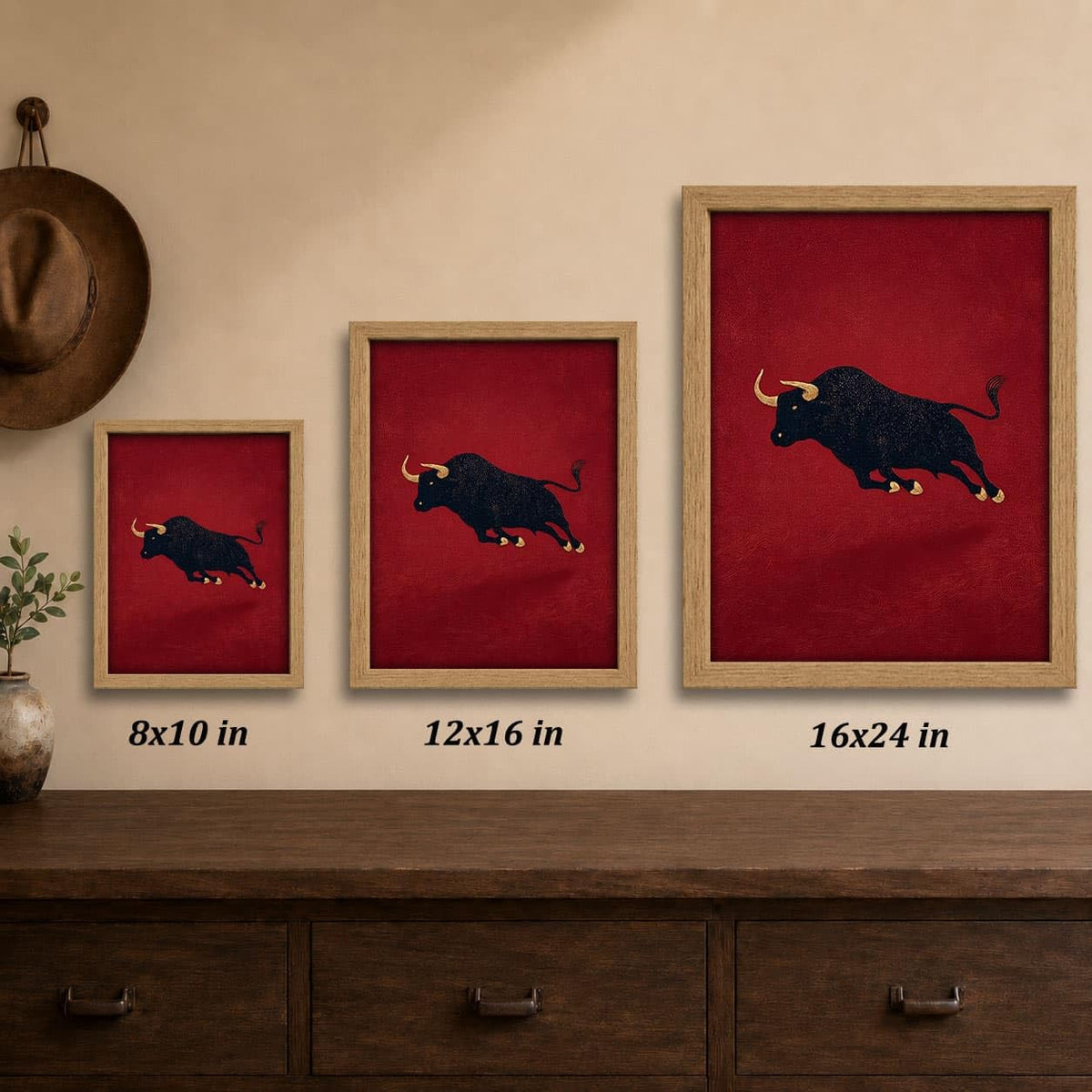 Vintage Bull Framed Wall Art Retro Red Abstract Minimalist Animal Decor (Red Bull / 24"L x 16"W)