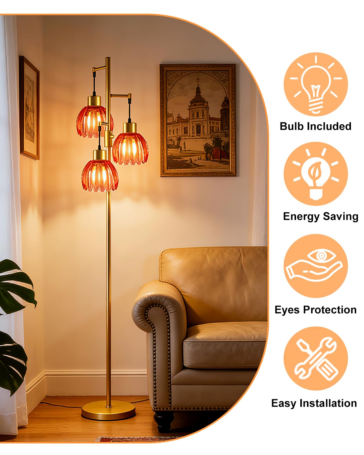 Glass Floor Lamp Red Lotus Flower Shade Dimmable Gold Floor Lamp (3 Deep Red Lotus-Gold)