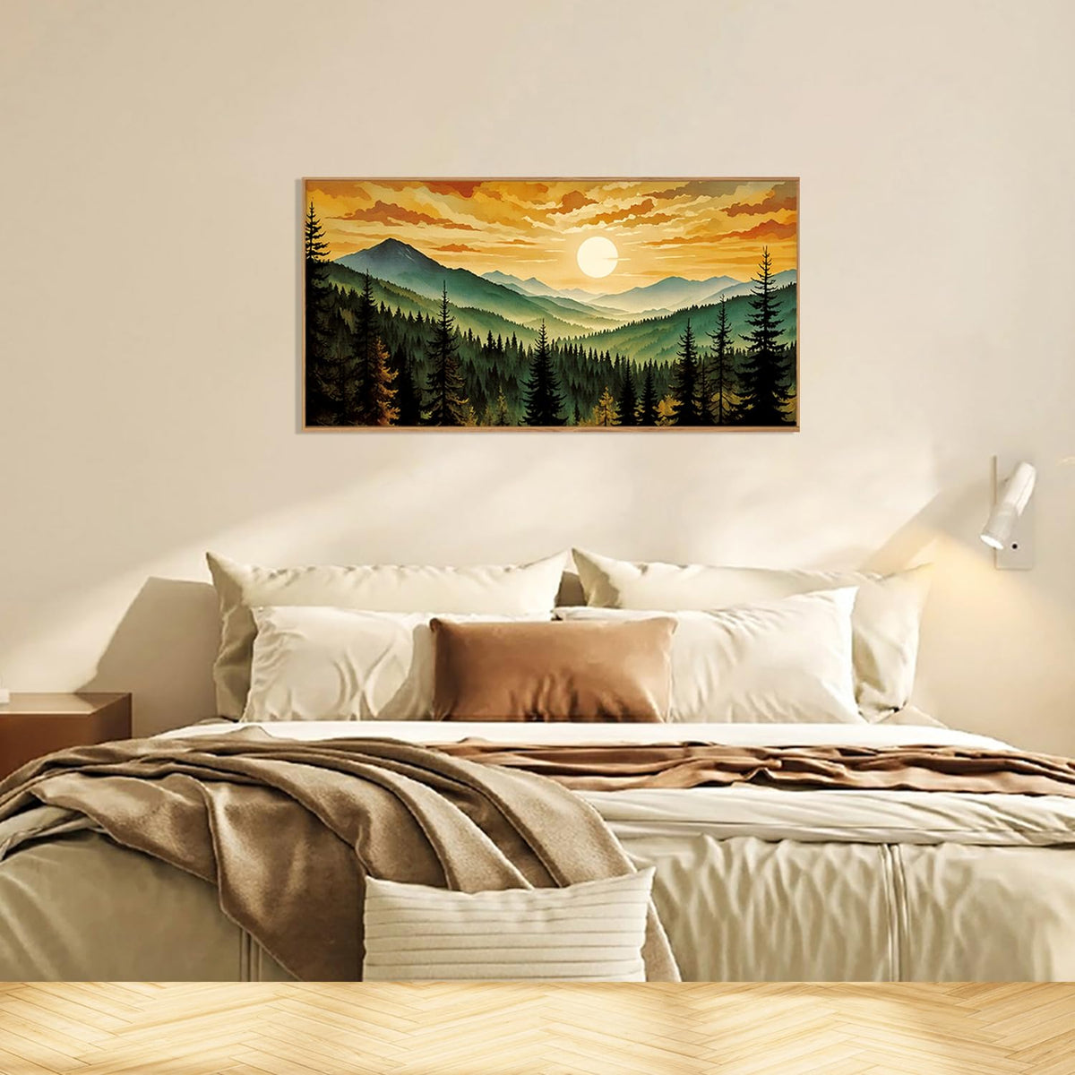 Large Boho Sunset Mountain Framed Canvas Wall Art (Sunset Forest Mountain Wall Art / 40"L x 20"W)