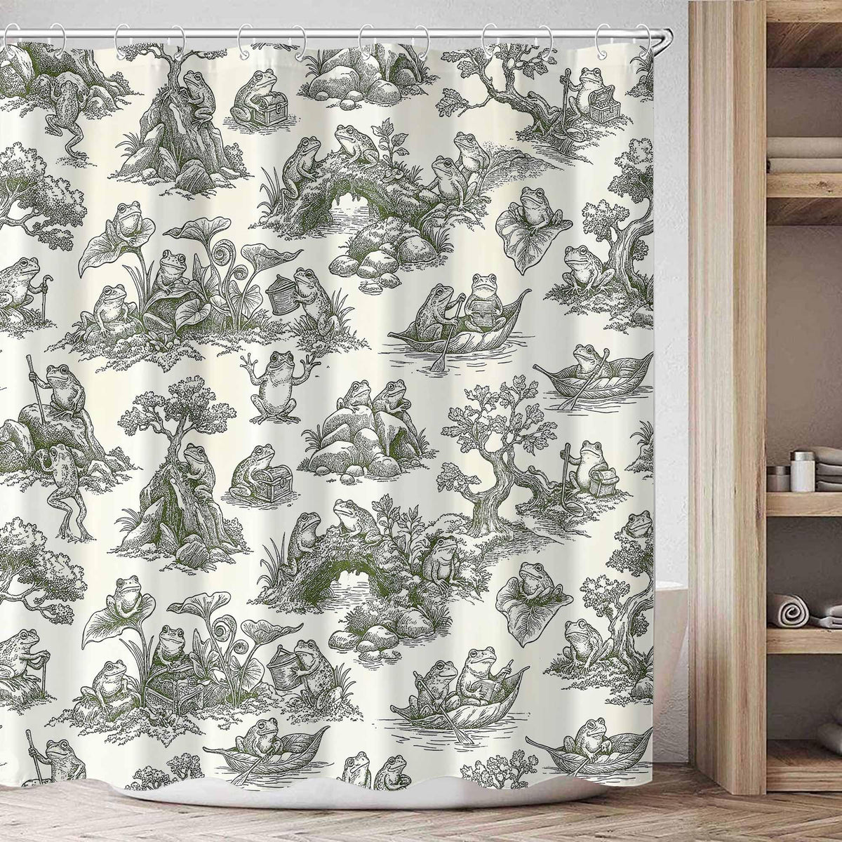 Vintage Frog Toile Shower Curtain Set (72"W x 72"L (Pack of 1) / White Beige)