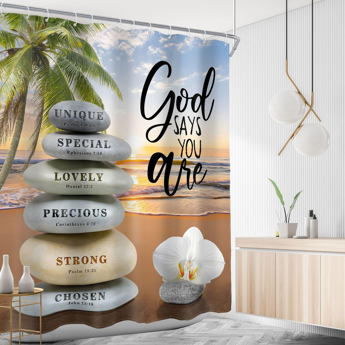Beach Zen Stone Bible Shower Curtain Verse Ocean Sea Tropical 60Wx72L Inch (D-orange / 60"W x 72"L (Pack of 1))