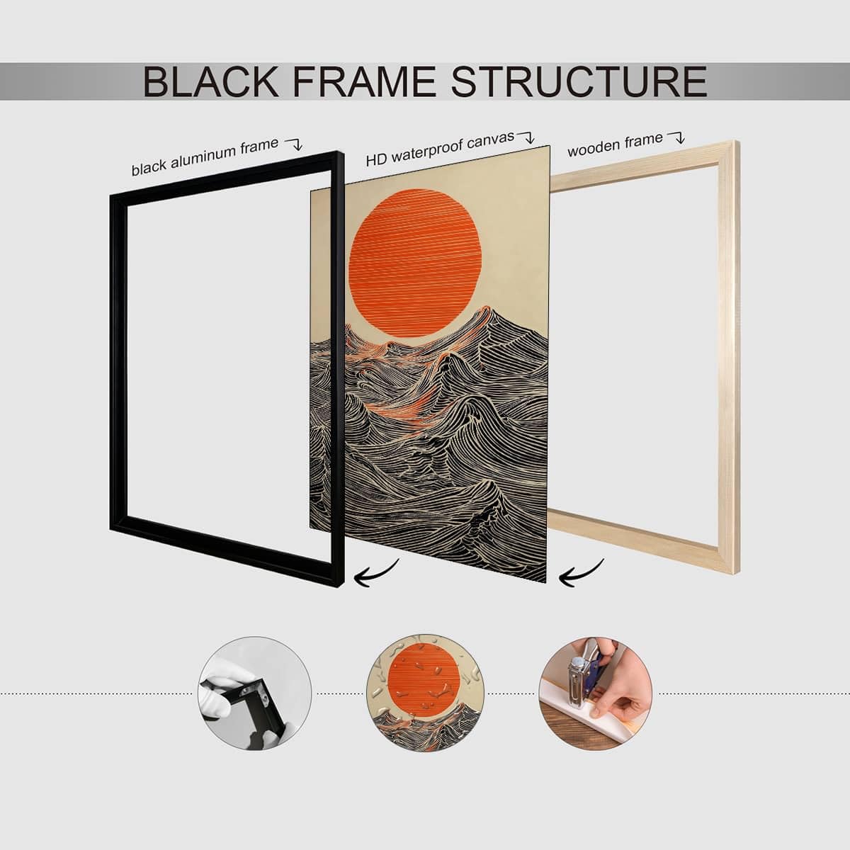 Black Framed Abstract Japanese Style Artwork 8x10in Sun and Waves Wall Art Modern Minimalist Ocean Poster Asian Home Decor Print Painting for Japanese Living Room Bedroom Office Ready to hang (Black Framed / Japanese Painting / 10"L x 8"W)