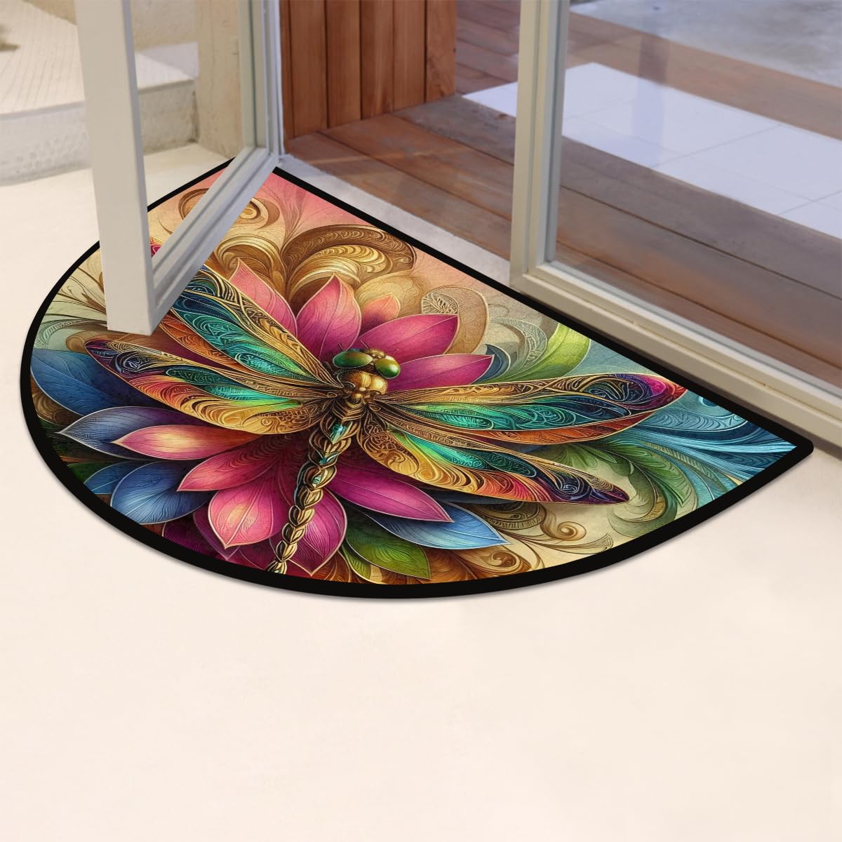Colorful Dragonfly Gold Half Round Mat Half Moon Door Rug Washable Durable Semi Circle Carpet Floor mats for Indoor Outdoor Bathroom Kitchen Patio Hearth Rug Laundry Room Home Decoration (D 021)