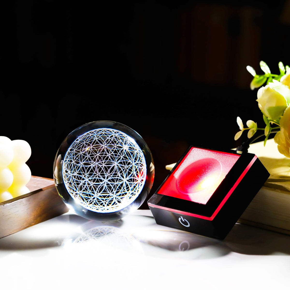 3D Flower of Life Crystal Ball with Colorful LED Base (Flower of Life)
