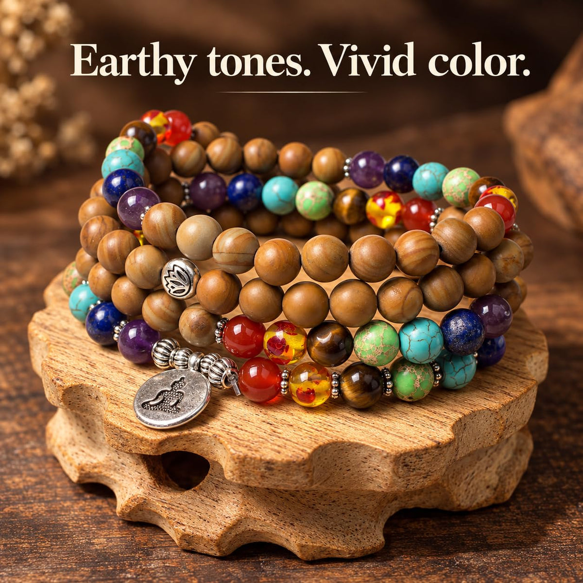 Necklace 108 Mala Beads Bracelet Buddhist Prayer Pendant Necklace (Wood Jasper-Buddha)