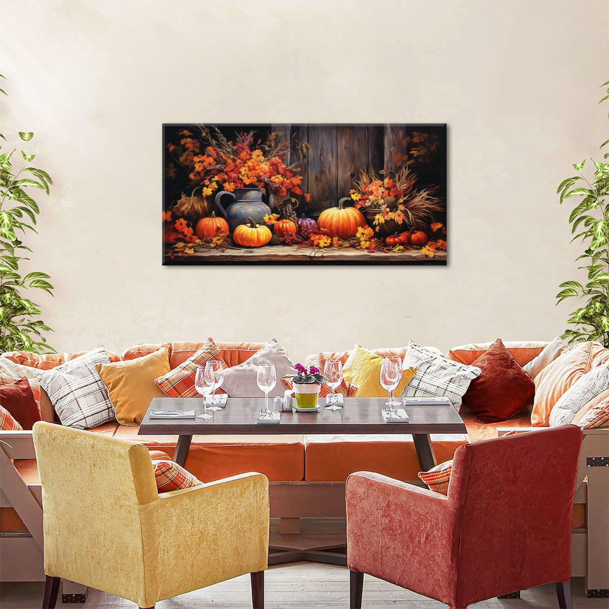 Orange Pumpkin Canvas Wall Art Kitchen Wall Decor Farmhouse Dining Room Pictures Halloween Painting Autumn Flowers Canvas Prints Rustic Fall Harvest Theme Posters Artwork Home Decorations 20x40" (40"L x 20"W / Pumpkin Flower)