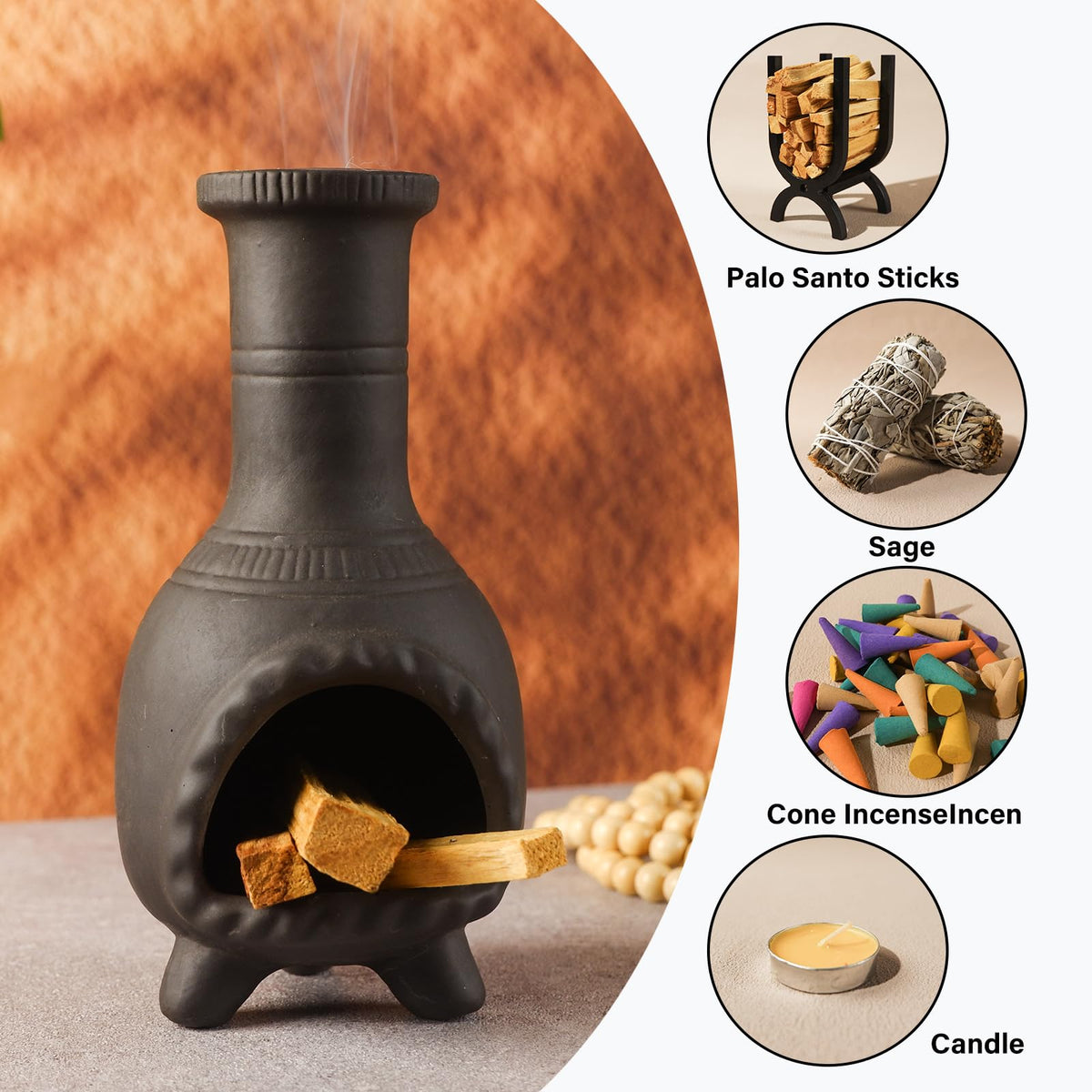 Sage & Palo Santo Sticks Holder for Incense Cones (Mexican Palo Santo Holde-black)