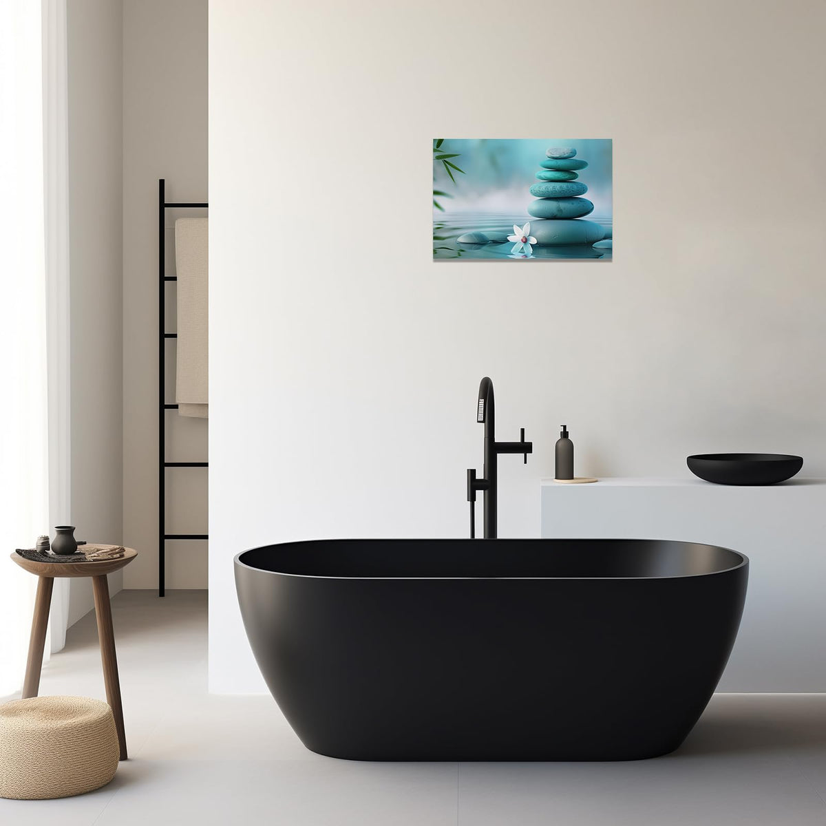 Zen Canvas Wall Art Teal Wall Decor Spa Water Pictures Zen Stone Bathroom Decor White Flowers Prints for Meditation Yoga Spa Artwork Framed (12"L x 18"W)