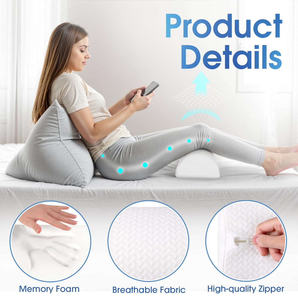 Knee Pillow for Back Sleeping Memory Foam Half Moon Bolster Pillow for Legs (White / Standard)