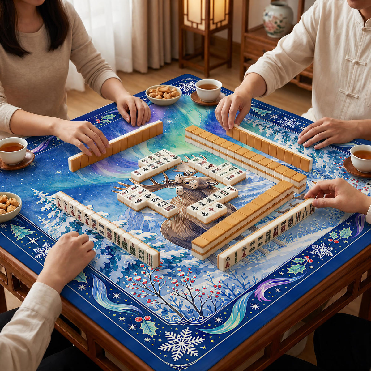 Blue Winter Christmas Moose Mahjong Table Mat 31.5" x 31.5" (Elk Aurora)