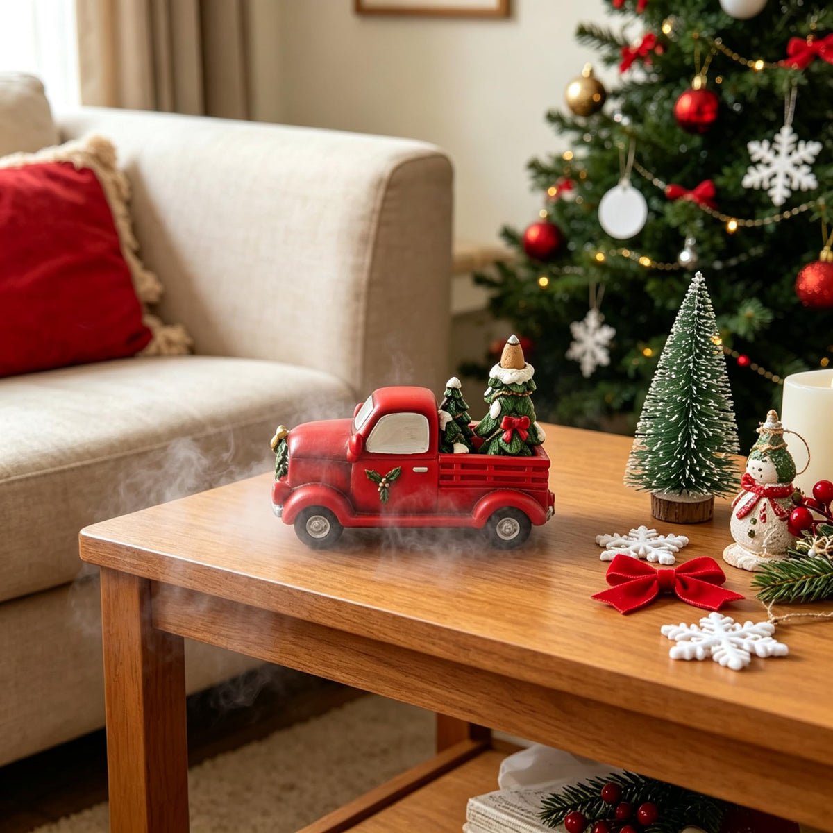 Resin Backflow Incense Cone Holder Christmas Truck Décor Statue (Red Truck)