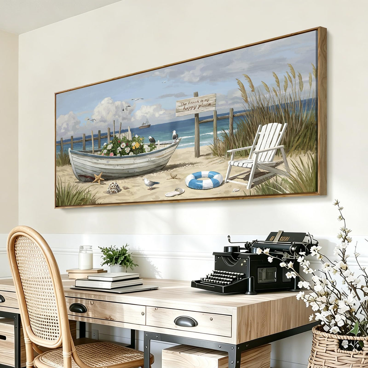 Large Framed Modern Canvas Wall Art (Seaside Boat Wall Art / 48"Lx24"W（Framed）)