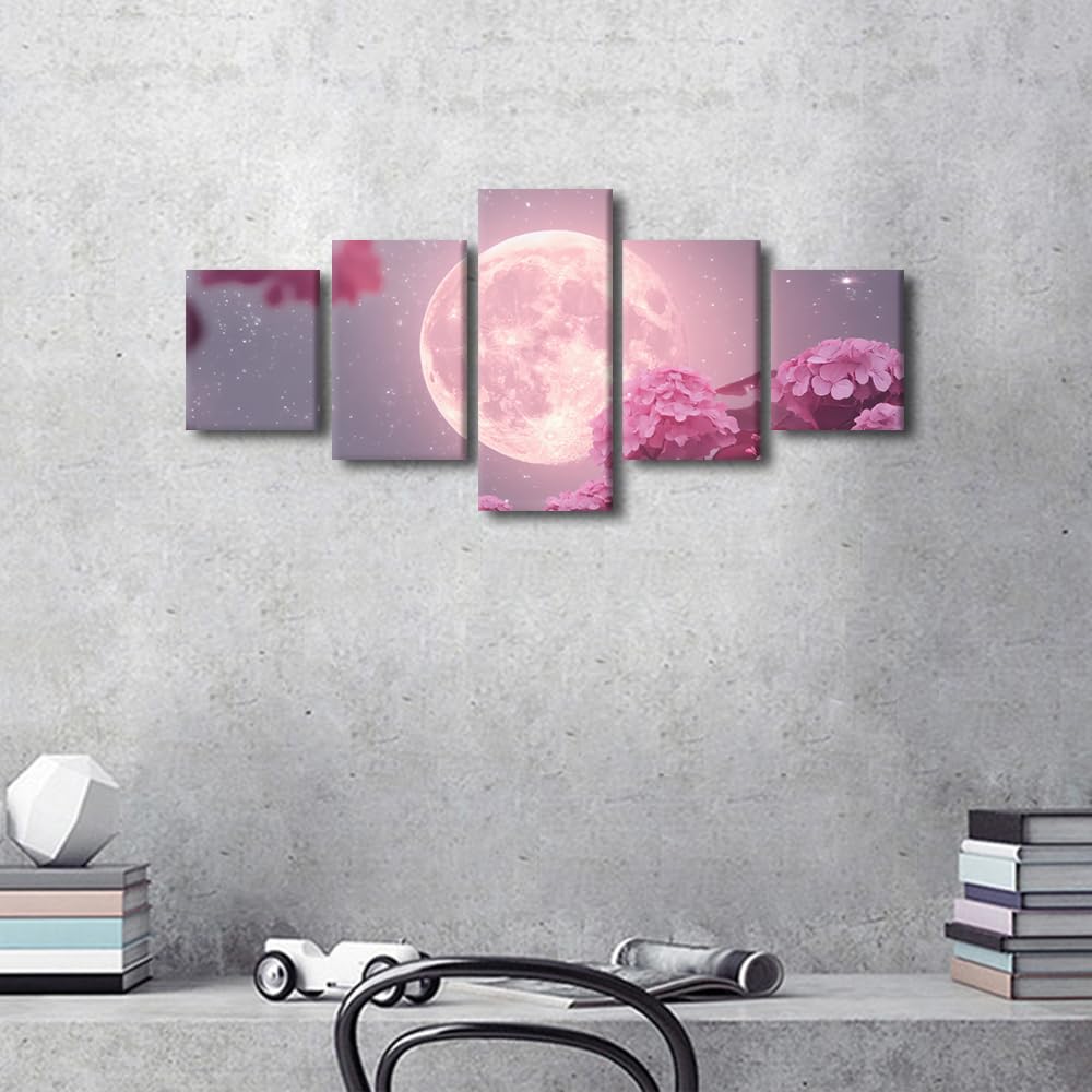 Canvas Wall Art Celestial Moon Radiance Five Panel Framed Painting Starry Night Sky Decor Galaxy Inspired Wall Art Modern Astronomy Decor Ready To Hang 50"Wx24"H‌ (50''Wx24''H / Artwork-12)