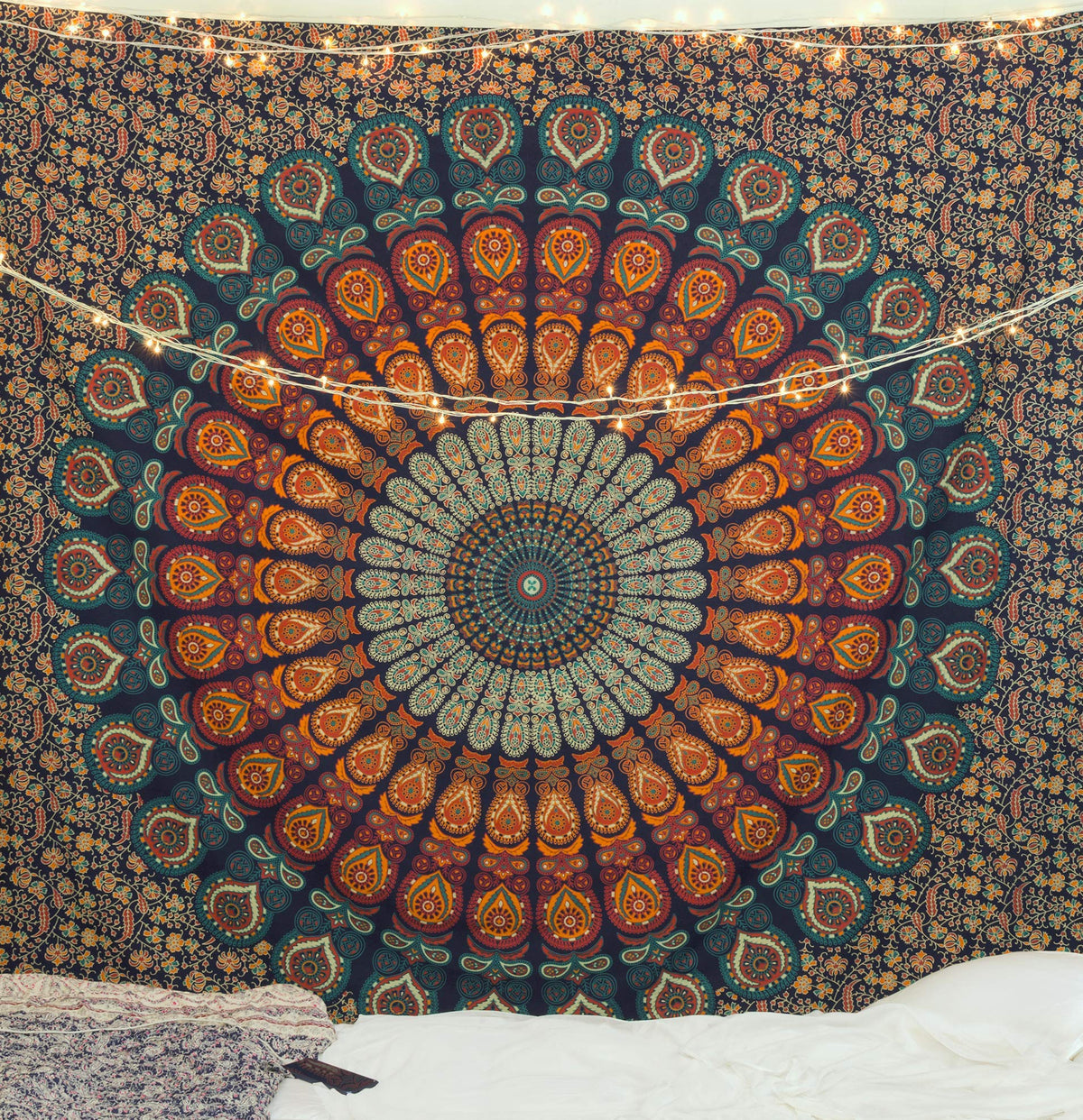 Tapestry Wall Hanging Hippie Mandala Bohemian Hippy Psychedelic Design Indian Peacock Meditation Gypsy Tapestries Bedspread 54 x 60 Inches (60"L x 54"W / Multicolor)
