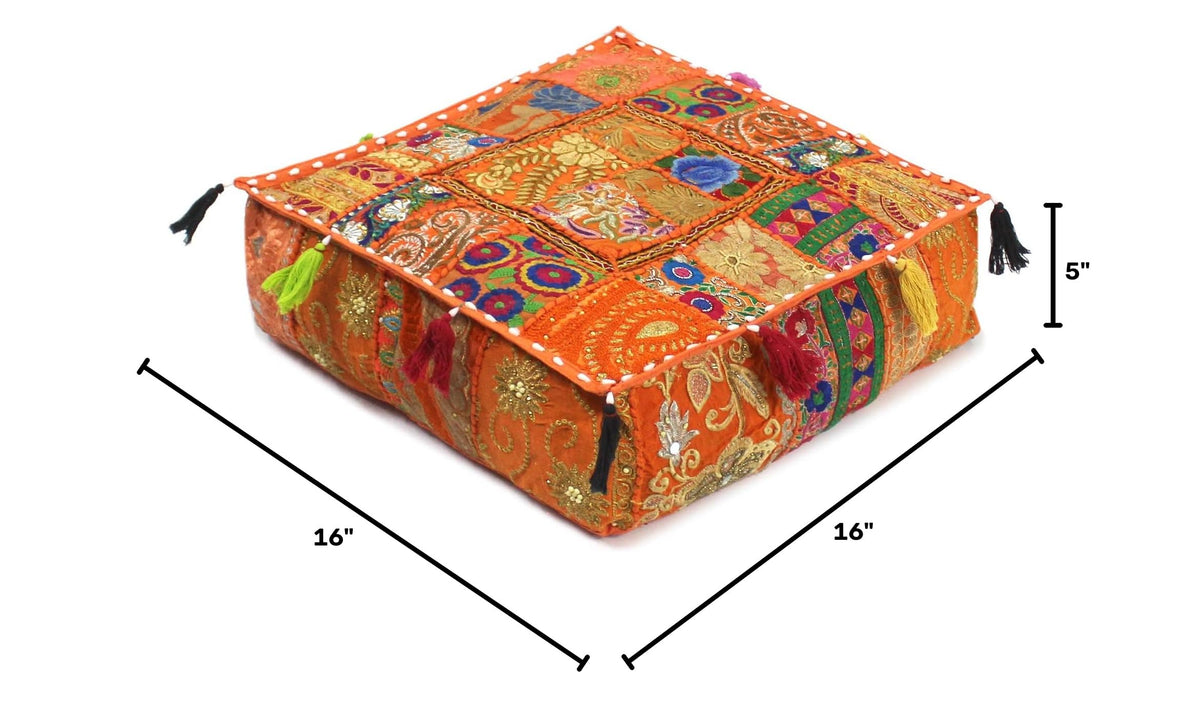 Indian Square Patchwork Traditional Pouf Cover Indian Living Room Poufs Decorative Embroidered Designer Ottoman Home Living Footstool Chair Cover Decor Pillow Cover 16x16x5 inches (16"D x 16"W x 5"H / Orange)