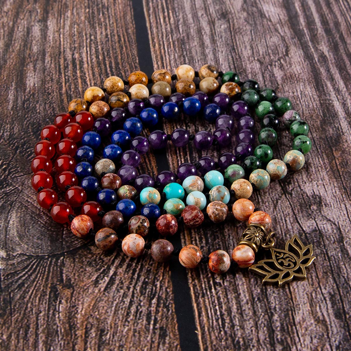 7 Chakra 108 Mala Beads Bracelet Real Gemstone Yoga Meditation Hand Knotted Mala Prayer Bead Necklace (6mm / # Lotus OM - 7 Chakras)