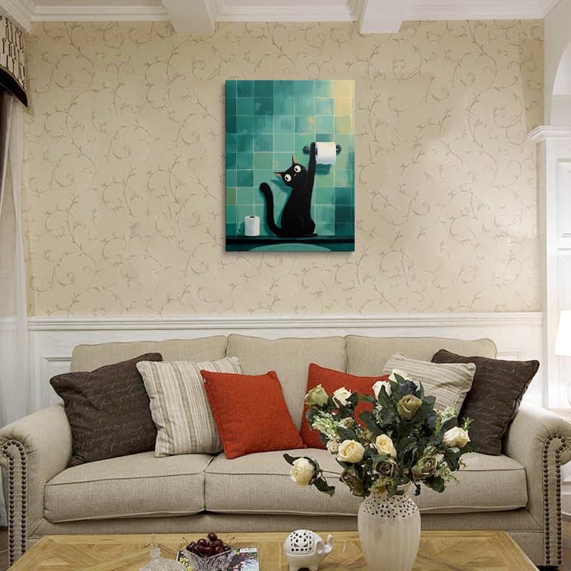 Black Cat Bathroom Wall Art Canvas Print (Cat scratch paper / 16"L x 12"W)