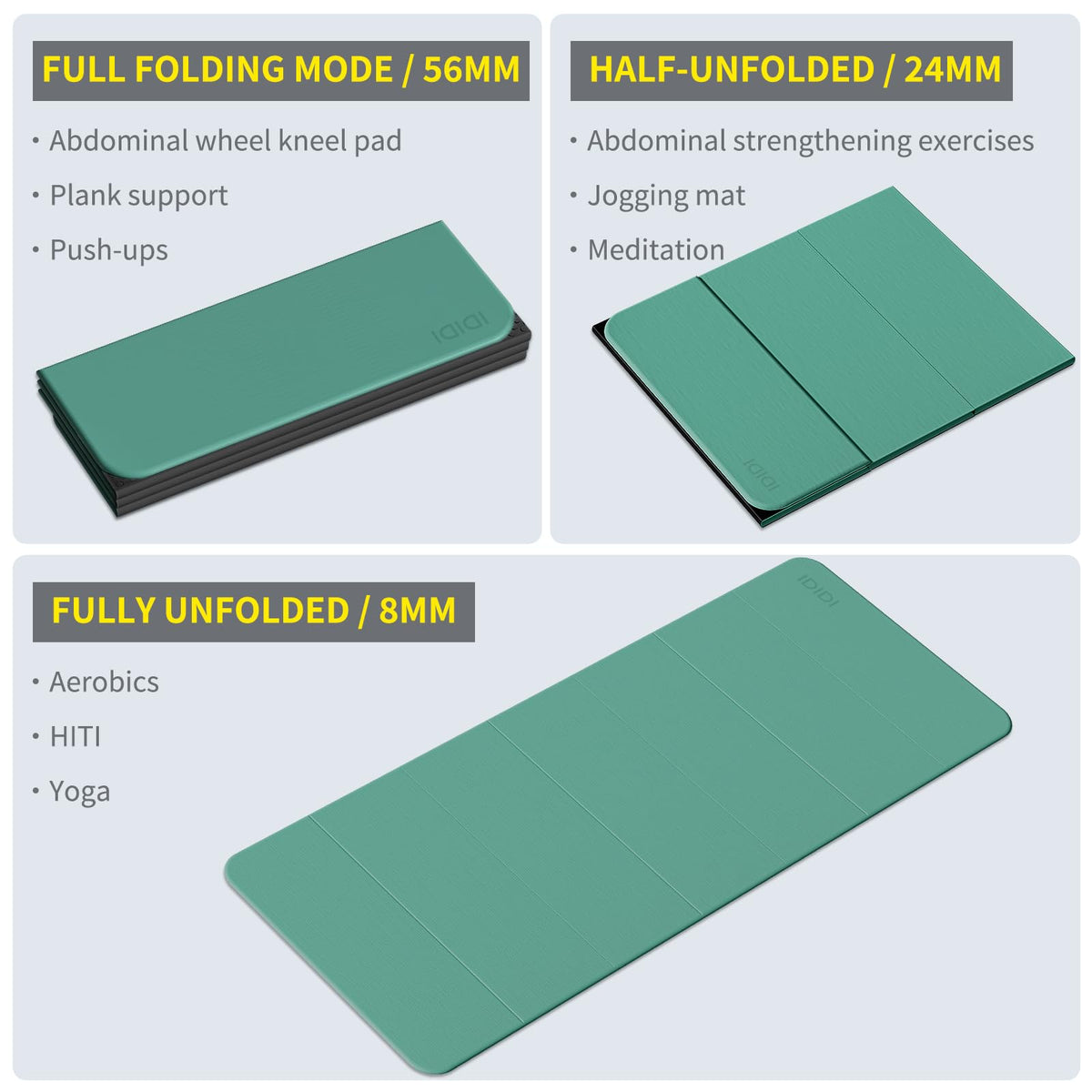 Foldable Yoga Mat Extra Large Wide 74"×31.5" (Green+Black)