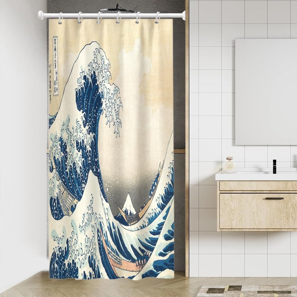 Traditional Japanese Painting Shower Curtain Japanese Sea Waves Bathroom Curtain Abstract Ocean Wave Wooden Boat Shower Curtains Washable Waterproof Fabric Bathroom Decoration 48x72 Inch (48"W x 72"L (Pack of 1) / Blue-48)
