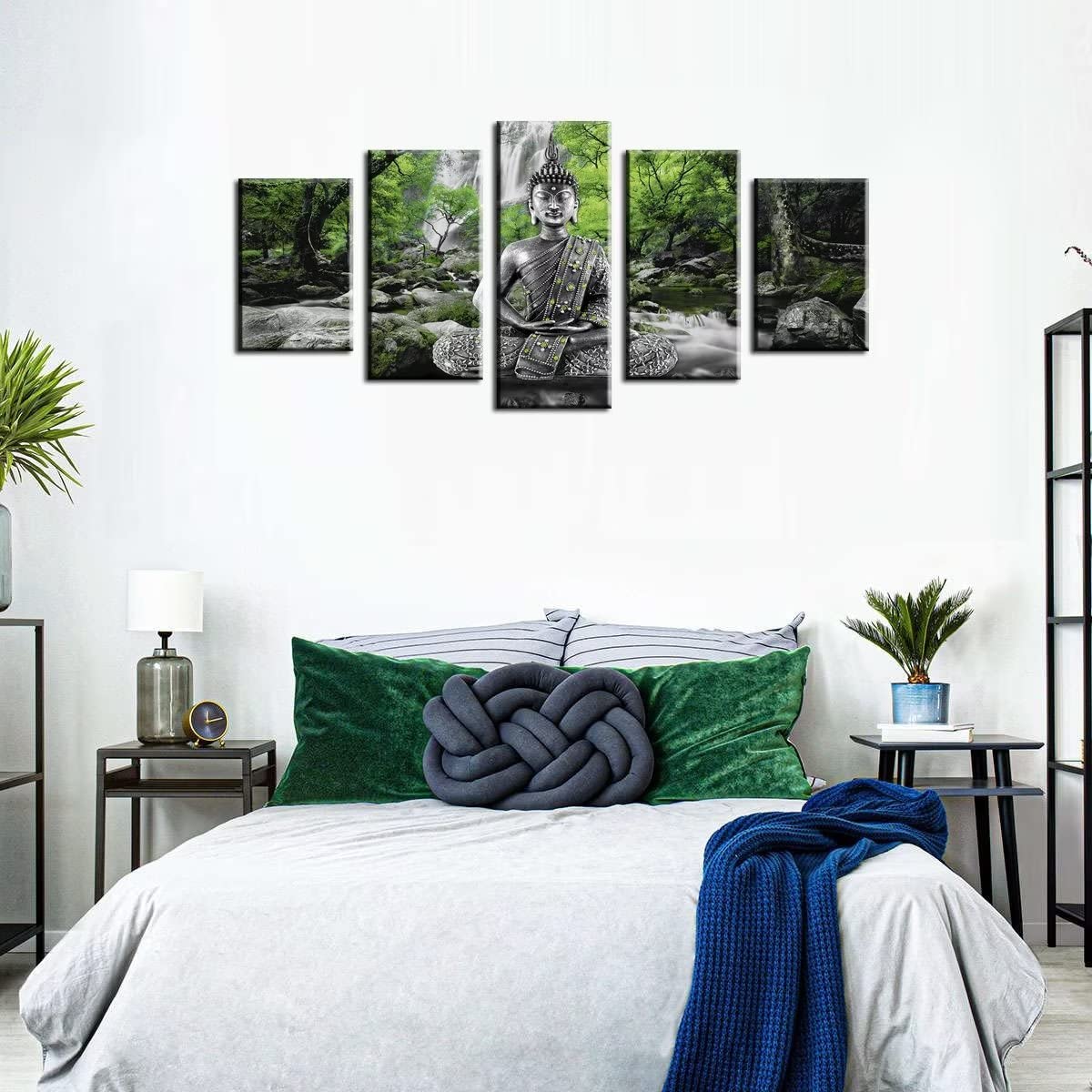 Buddha Wall Art Canvas Painting Framed 5 Panels for Living Room Decoration Modern Landscape Buddha Waterfall Trees Zen Stretched Artwork Giclee (Green / 60"x30")
