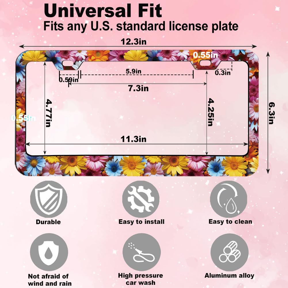 Watercolor Daisy Floral License Plate Frame Women 2Pc Car Tag (for Floral-Daisy c / 2 pack)