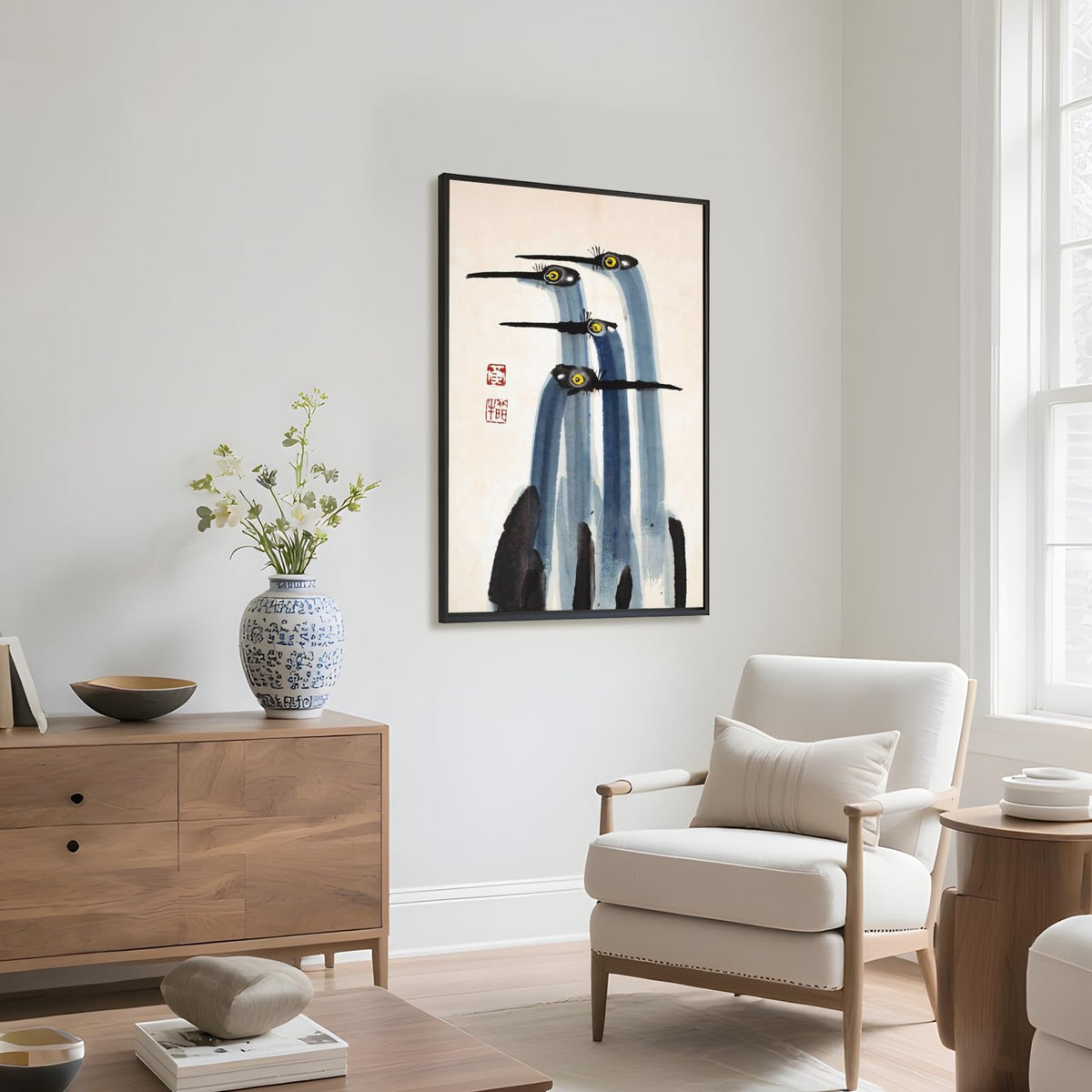 Antique Crane Watercolor Canvas Print Japanese Wall Art Traditional Asian Bird Painting Vintage Farmhouse Poster Minimalist Wall Decor for Living Room Bedroom Hallway 8x12inch Black Frame (8"L x 12"W / style-1 Black Frame)