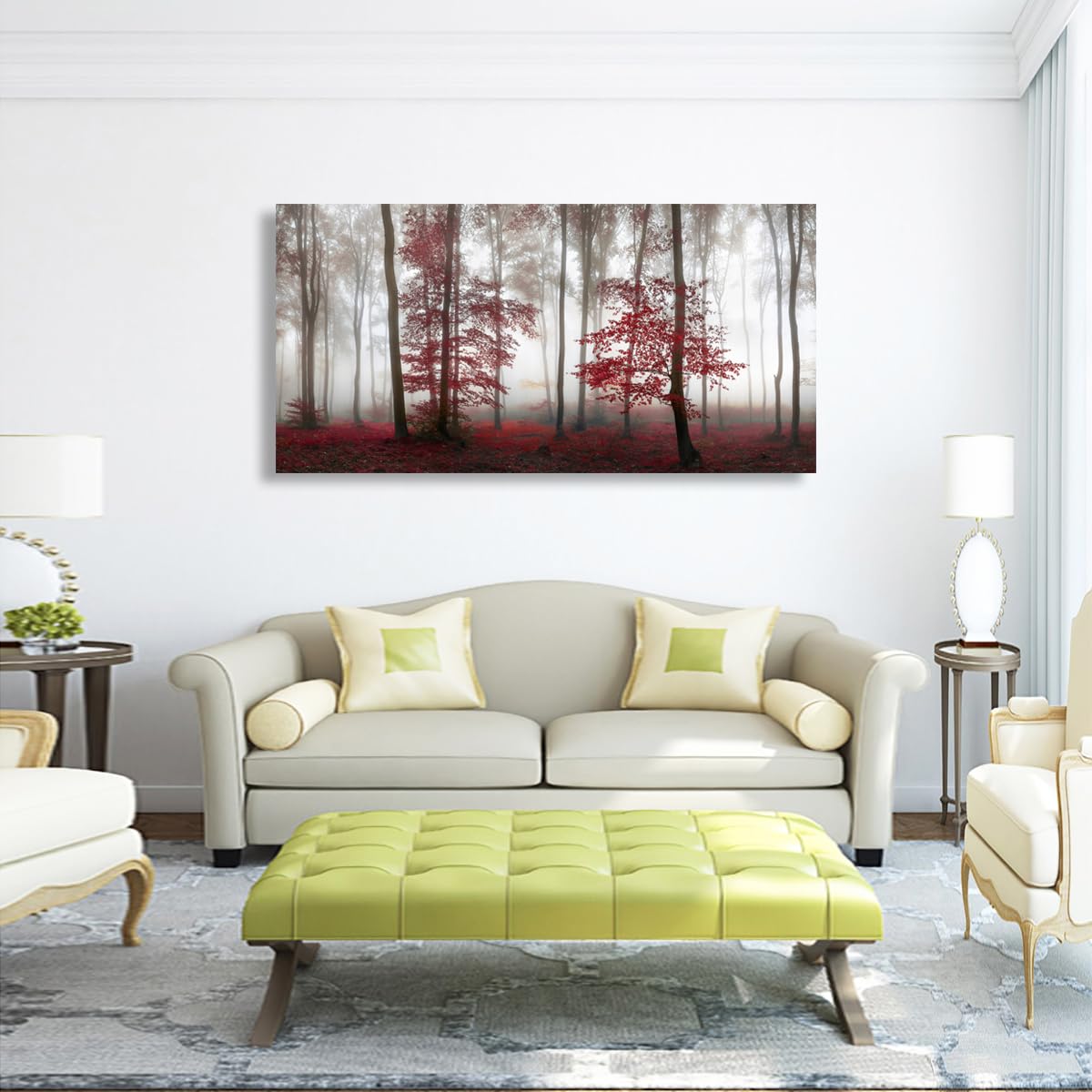 Misty Forest Pictures Canvas Wall Art for Living room Office Bedroom Wall Decor (48"L x 24"W / Misty Red Forest)