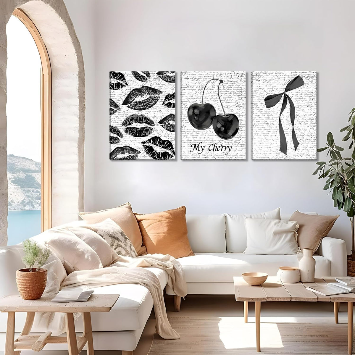 Black And White Canvas Wall Art Set of 3 (Black cherry canvas / 16L"x12W")